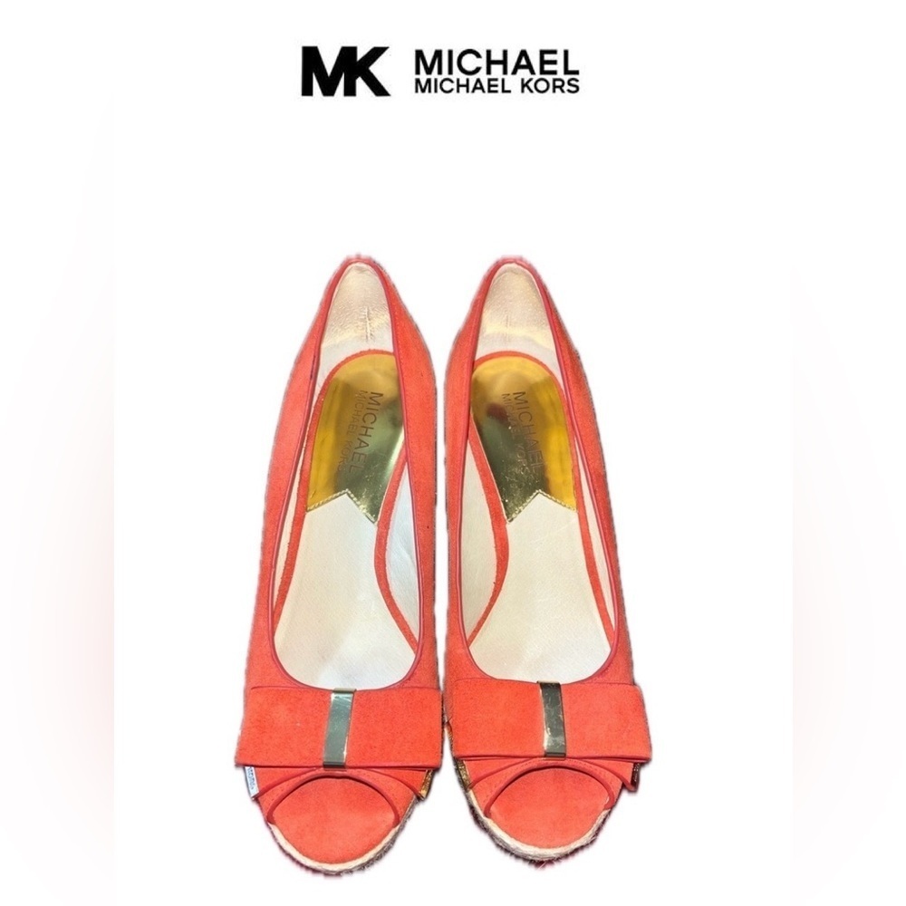 MICHAEL KORS MEG 7M Wedges SUEDE Heels ORANGE Open Toes Peep Platforms Shoes - Picture 2 of 15